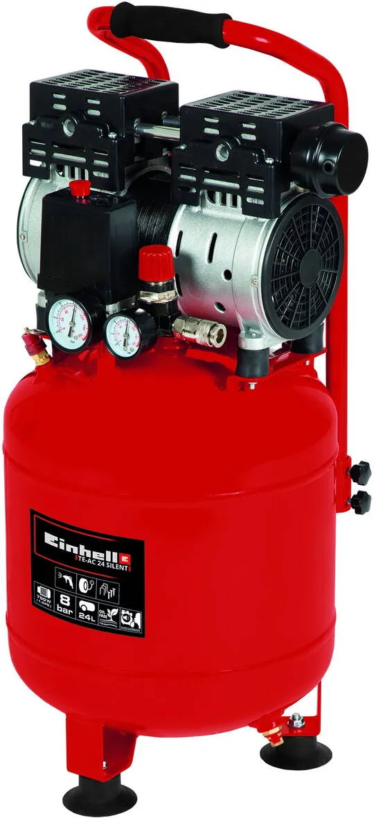 Einhell Compresor fara ulei Einhell TE-AC 24 Silent, 750 W, 8 bar presiune lucru, 24 l capacitate rezervor, 65 l/min debit aer refulat, 135 l/min debit aer aspirat