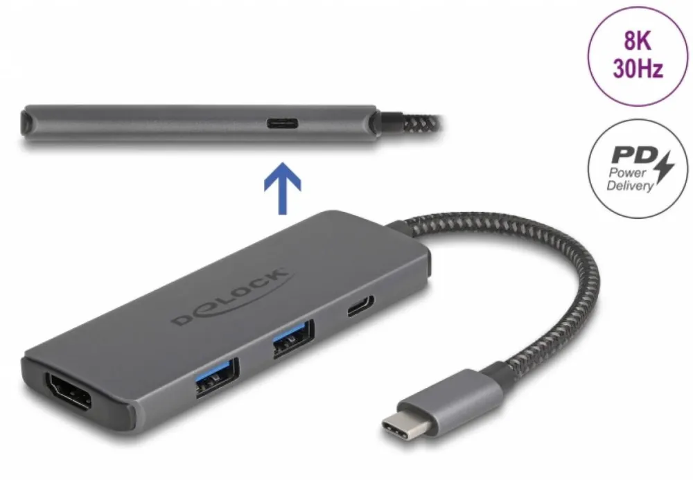Docking Station DELOCK Statie de andocare USB 3.1 type C la HDMI 8K30Hz HDR + 2 x USB-A + 1 x USB-C + PD 3.0 100W, Delock 87804