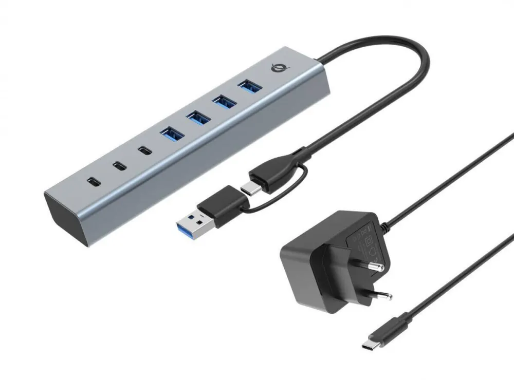 Hub USB CONCEPTRONIC Hub USB 3.0 7-Port Conceptronic cu adaptor de alimentare, gri