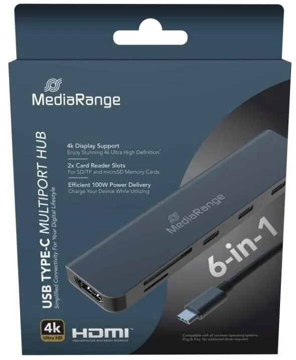 Hub USB MediaRange Adaptor multiport 6-in-1, MediaRange, argintiu, USB Type-C