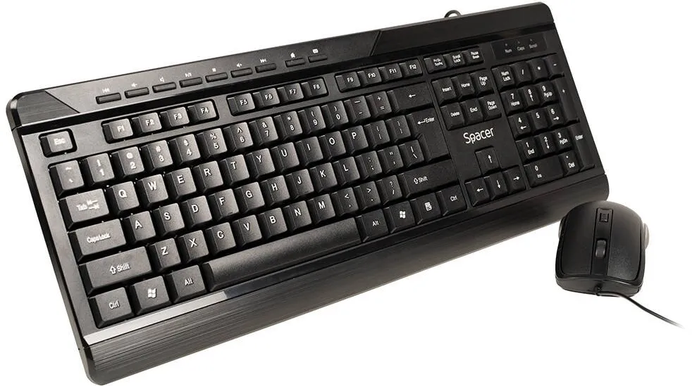 Kit Periferice Spacer KIT wired SPACER, tastatura cu fir multimedia 104 taste (+ 9 taste multimedia) + mouse rezolutie max.1600dpi, 4 butoane, rotita scroll, negru
