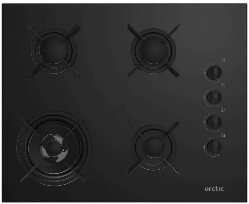 Plita ARCTIC incorporabila ARNGW64127SB, Gaz, 4 arzatoare, Aprindere electrica, Wok, Safety Plus, 65 cm, Sticla neagra