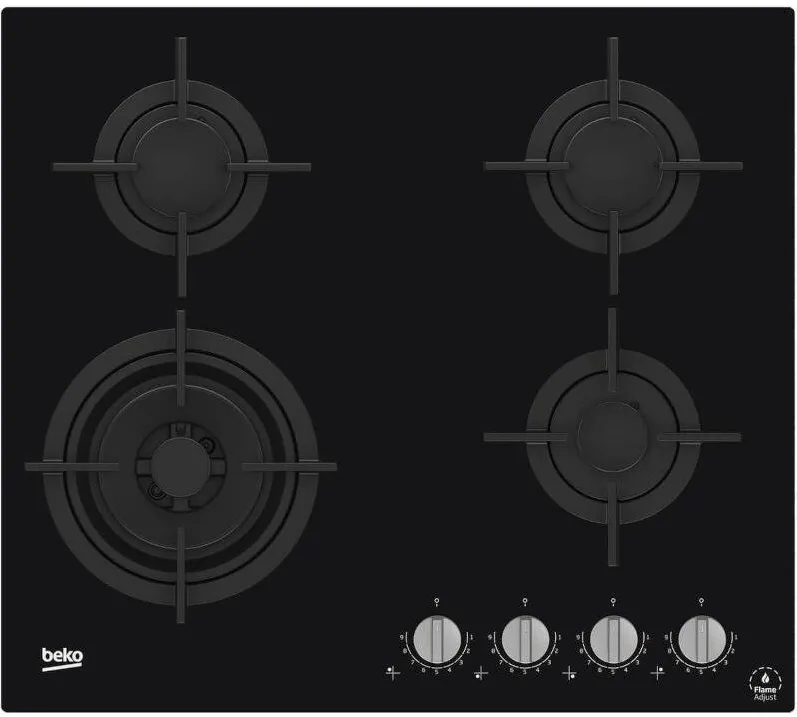Plita BEKO incorporabila HILW64322S, Gaz, 4 arzatoare, FlameAdjust, Arzator wok, Gratare fonta, 60 cm, Sticla neagra