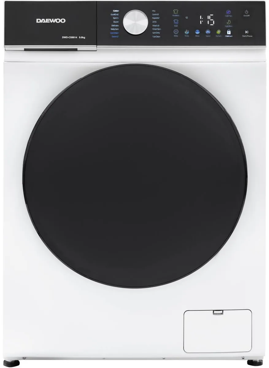 DAEWOO Masina de spalat rufe, 9 kg, motor inverter, 1400 rpm, clasa A, 16 programe, butoane touch, panou de control negru cu pictograme colorate, usa dubla neagra (PC Cover), culoare Alb