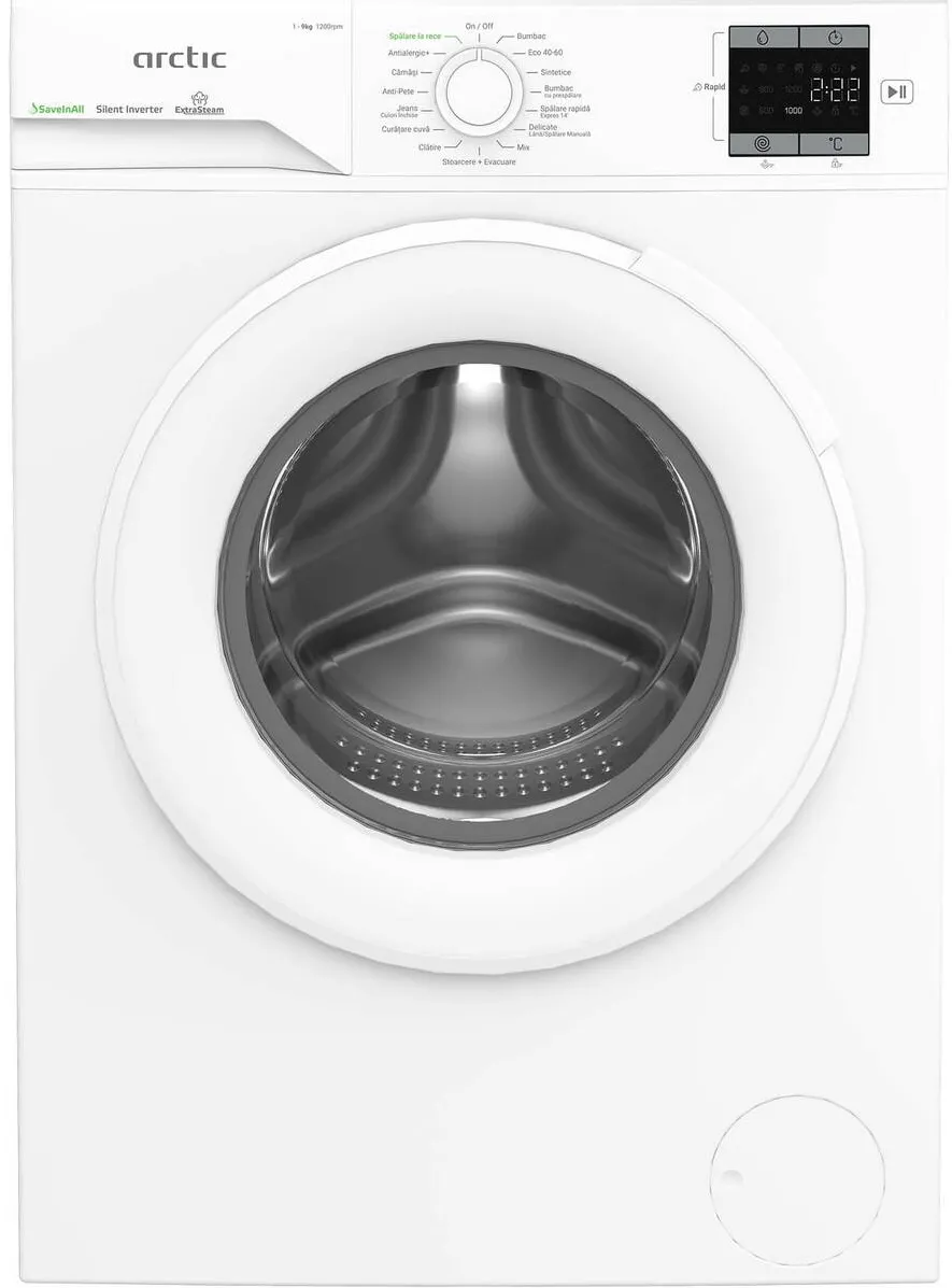 ARCTIC Masina de spalat rufe APLM1WFSU19210W, 9 Kg, 1200 RPM, Motor Silent Inverter, Drum Clean+Steam, Child Lock, Anticrease, Digital Display, Add-In, Clasa A, alb