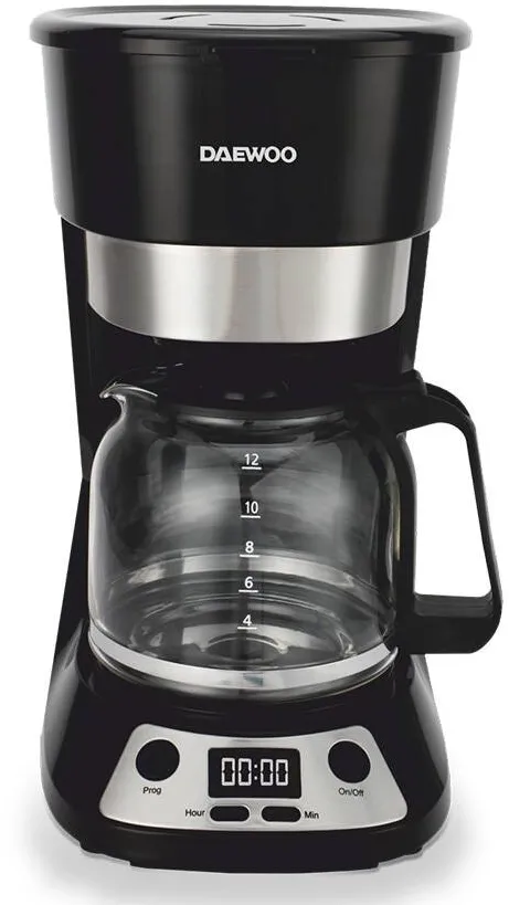 Cafetiera DAEWOO Cafetiera DCM90BX, 900 W, capacitate 1.5 litri, display LCD, filtru permanent, anti-picurare, timer, functie pornire automata, mentinere cald 40 min, negru/inox