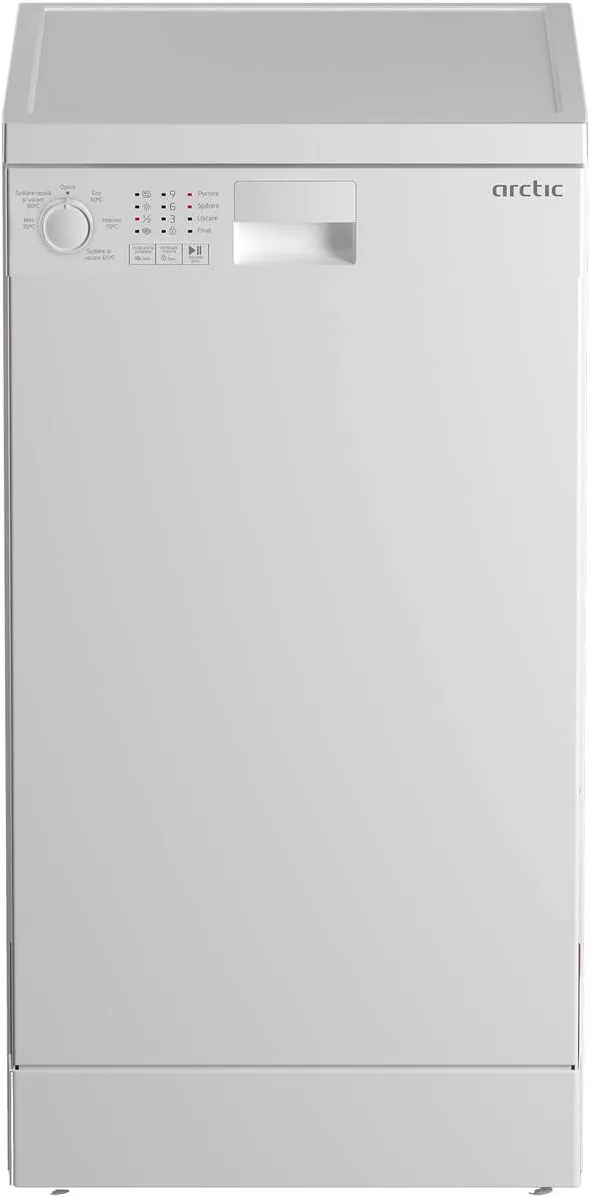ARCTIC Masina de spalat vase Slim DFS0502, 10 seturi, 5 programe, Sistem dedurizare apa, Aqua Protect, Amanare pornire, Clasa E, 45 cm, Alb