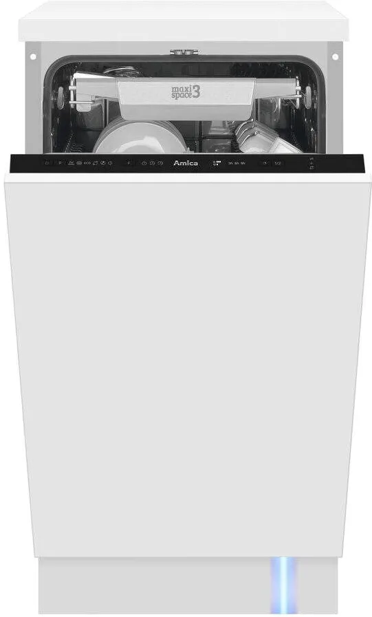 HANSA Masina de spalat vase incorporabila Amica DIM42E6EBqO, 45 cm, 10 seturi, 6 programe, 3 sertare, Clasa E, ECO, AquaStop, Dedurizare, HalfLoad, indicator luminos albastru, Alb