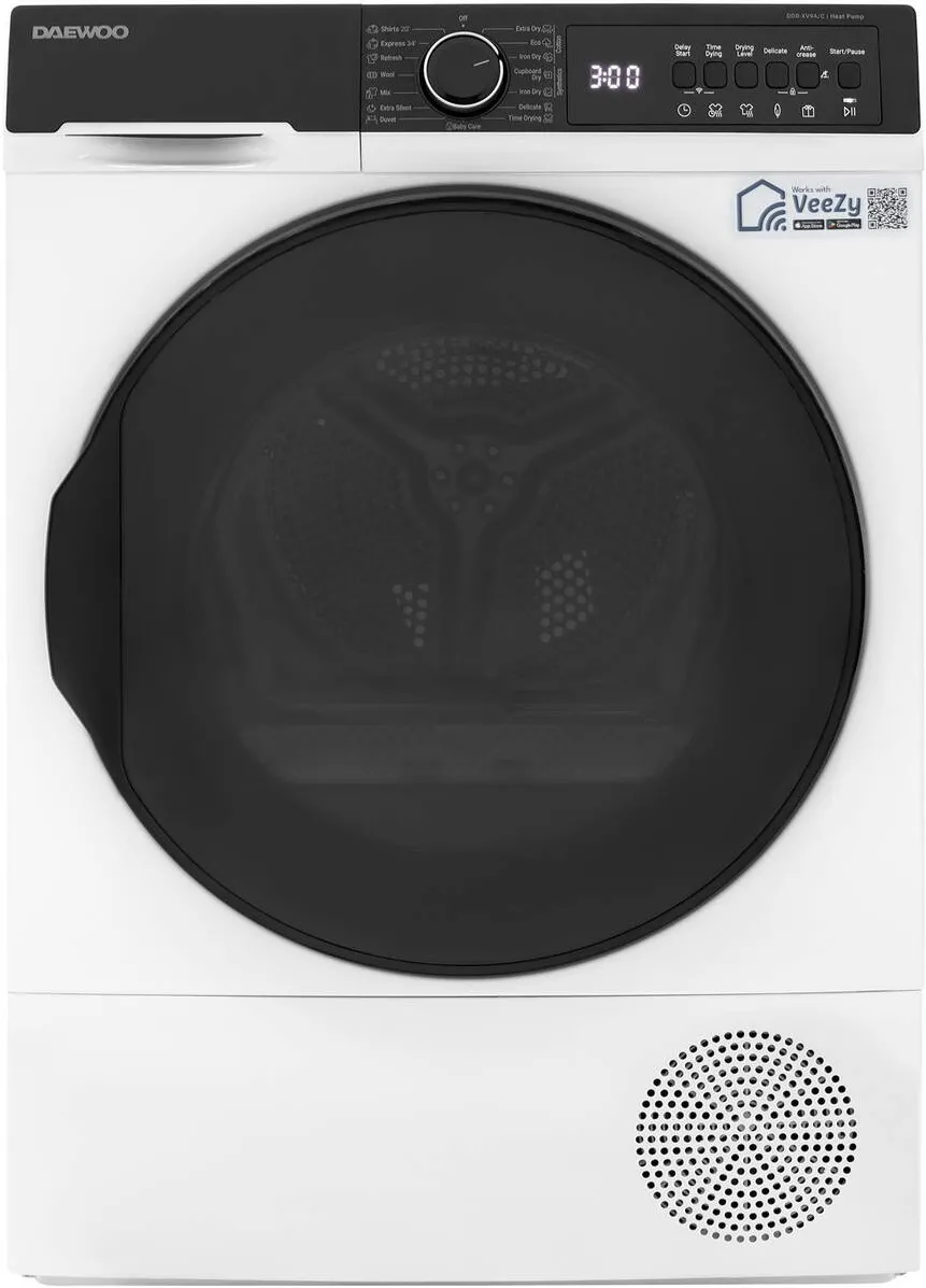 DAEWOO Uscator de rufeDDR-XV9A/C , pompa de caldura, 9 kg, clasa C, functie Wi-fi, design: Panou T2 negru + usa XXL neagra, culoare Alb