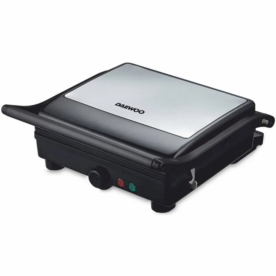 DAEWOO Grill electric DG2000X, putere 2000W, capac si maner din inox, placi neaderente, Negru