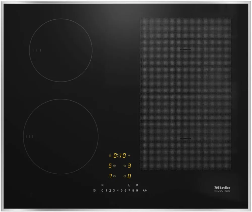 Plita MIELE incorporabila KM 7466 FR, Inductie, 4 zone de gatit, TwinBooster, Conectivitate hota, PowerFlex, Rama inox, 60 cm, Negru