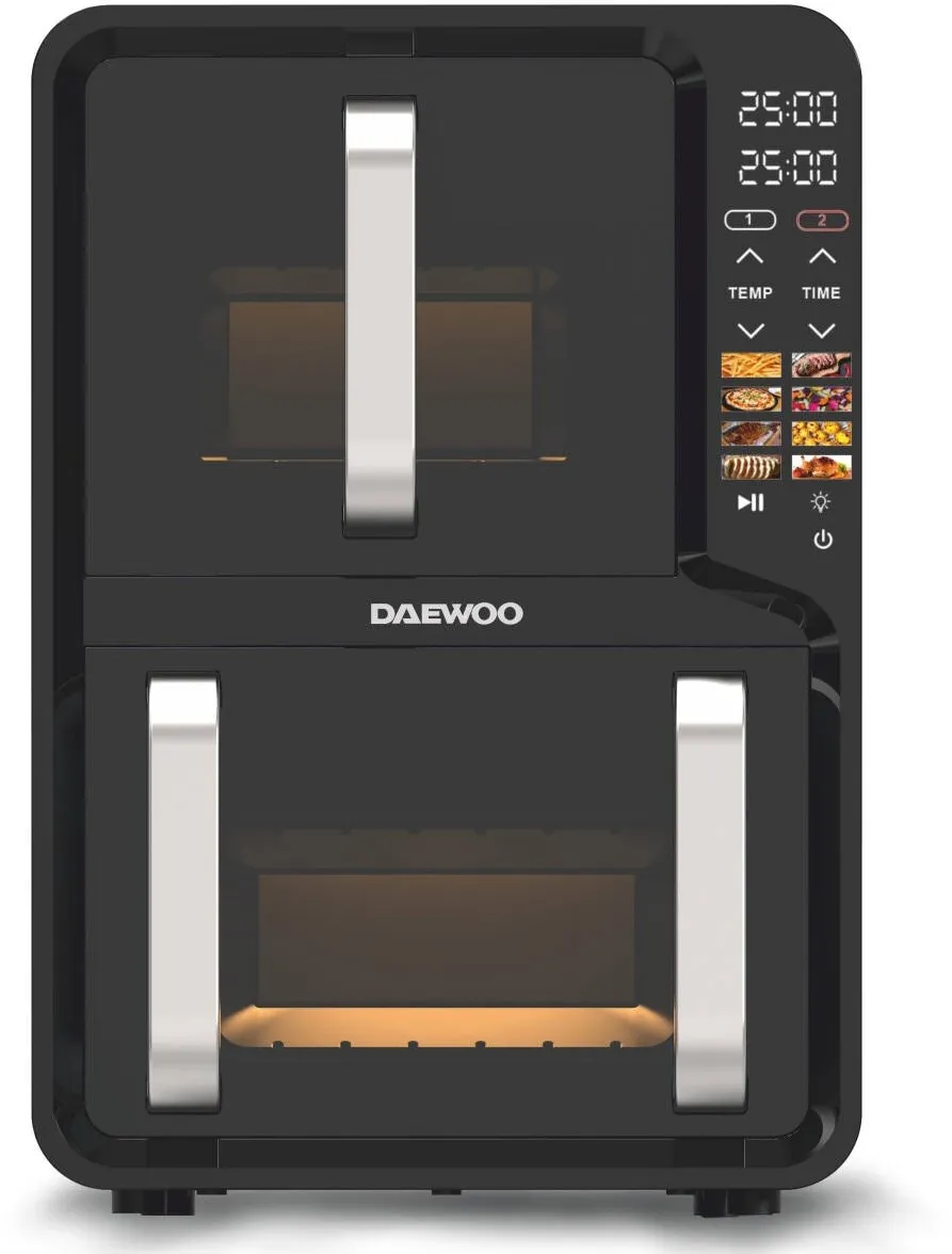 DAEWOO Friteuza dubla cu aer cald DAF2X1100UDB, 1400 W+1600 W, display LCD, capacitate 12L 5 + 7, 8 programe predefinite, temperatura reglabila 80-200 grade, negru