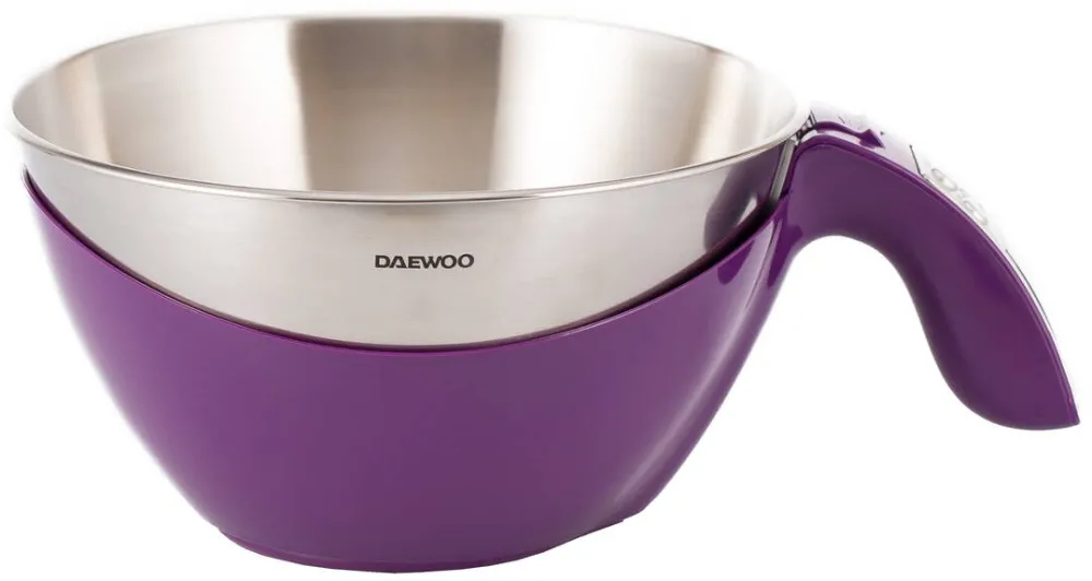 DAEWOO Cantar de bucatarie DKS45P, suprafata din inox, 5 kg, 1 g, Tara, automat, display LCD, Violet