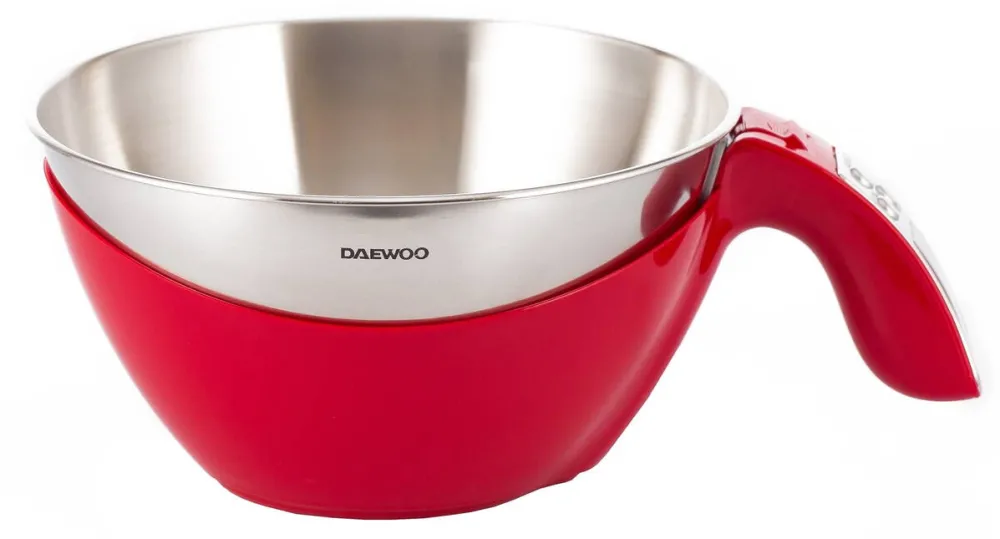 DAEWOO Cantar de bucatarie DKS45R, suprafata din inox, 5 kg, 1 g, Tara, automat, display LCD, Rosu