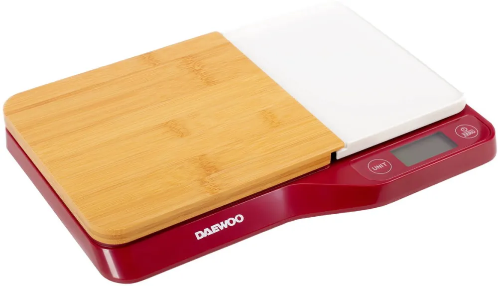 DAEWOO Cantar de bucatarie cu tocator DKS10R, 5 kg, 1 g, tocator din bambus, LCD, Rosu