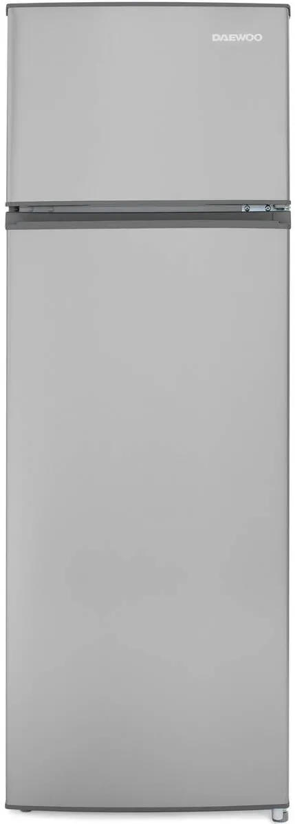DAEWOO Frigider cu doua usi Static, congelatorul sus, volum net 235L (194l + 41l), clasa E, control mecanic, usi reversibile, raft pentru sticle, Inox