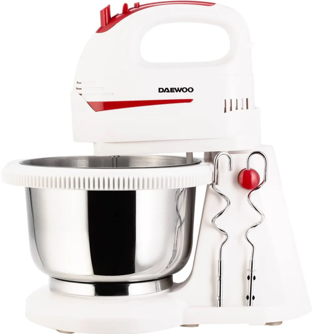 DAEWOO Mixer cu bol DHM100W, 300 W, bol inox rotativ, capacitate bol 2 l, functie Turbo, 5 viteze, accesoriu framantare, palete amestecare, Alb