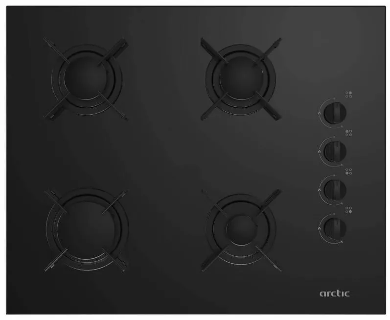 Plita ARCTIC incorporabila ARNGN64127SB, Gaz, 4 arzatoare, Aprindere electrica, Safety Plus, 65 cm, Sticla neagra