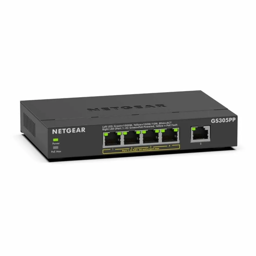 Switch Netgear Switch cu management NetGear GS305PP-300EUS, 5 porturi RJ45, culoare neagra, metal