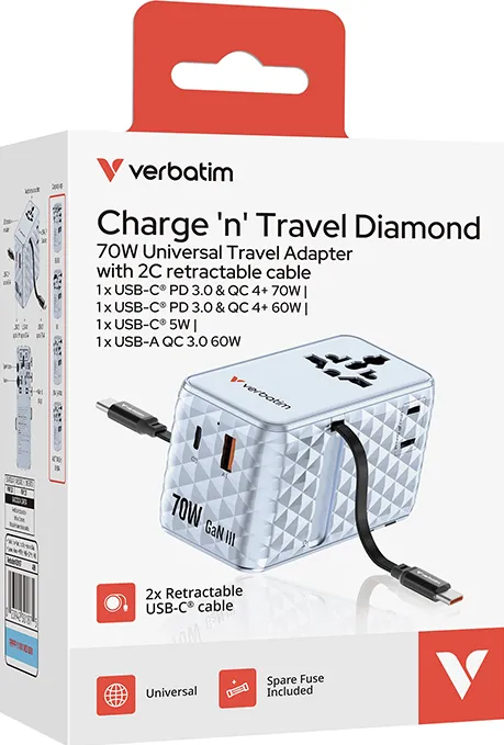 VERBATIM Adaptor Verbatim GaN,70W,2 cabluri retractab,bleuUSB-C PD 3.0 QC4+up to 70W/USB-A QC 4+up to 60W