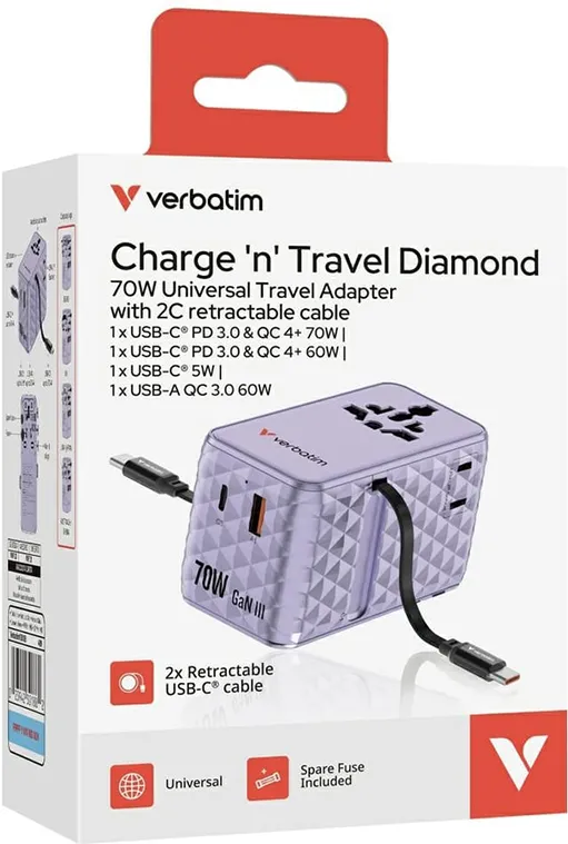 VERBATIM Adaptor Verbatim GaN,70W,2 cabluri retract,violetUSB-C PD 3.0 QC4+up to 70W/USB-A QC 4+up to 60W