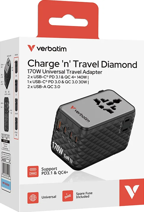 VERBATIM Adaptor Verbatim GaN,170W, cablu retractabil,negruUSB-C PD 3.1 QC4+up to 140W/USB-A QC 3.0 up to 18W