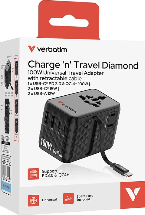 VERBATIM Adaptor Verbatim GaN,100W,cablu retractab,negruUSB-C PD 3.0 QC4+up to 100W/USB-A up to 12W