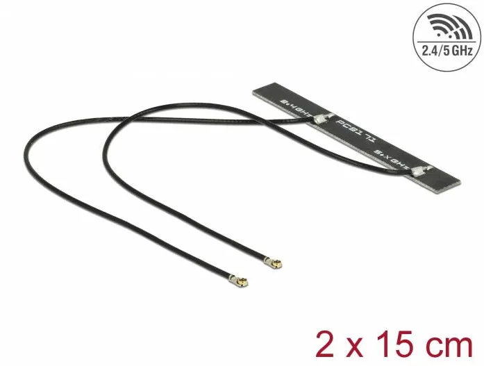 Accesoriu Retea DELOCK Antena cu banda dubla WLAN WiFi 6 cu antena dubla MHF® 4L tata, 5 dBi, 2 x 15 cm, PCB, auto-adeziv intern