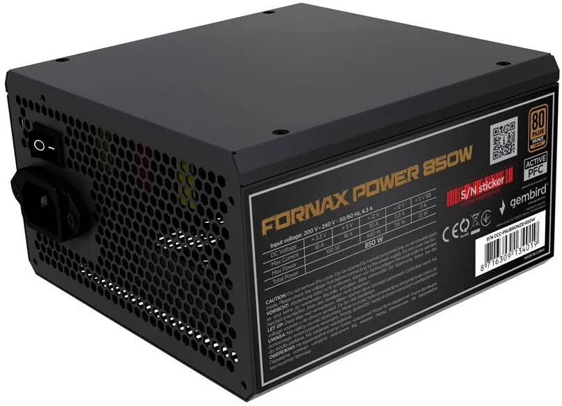 Sursa PC Gembird  CCC-PSUBRONZE-850W Power supply unit Fornax Power 850W active PFC 12cm fan 80+Bronze color box