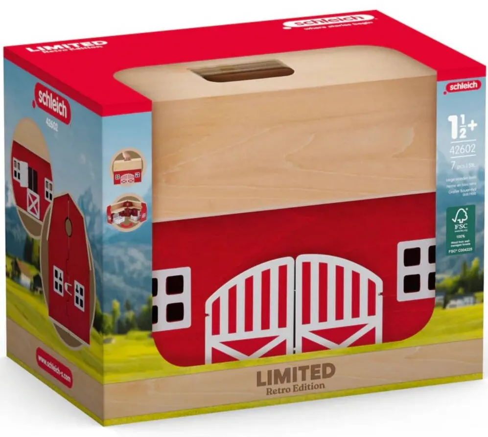 Jucarie creativa Schleich Hambar Retro din lemn Schleich, set cu 6 elemente de gard, 33x42x29cm, rosie