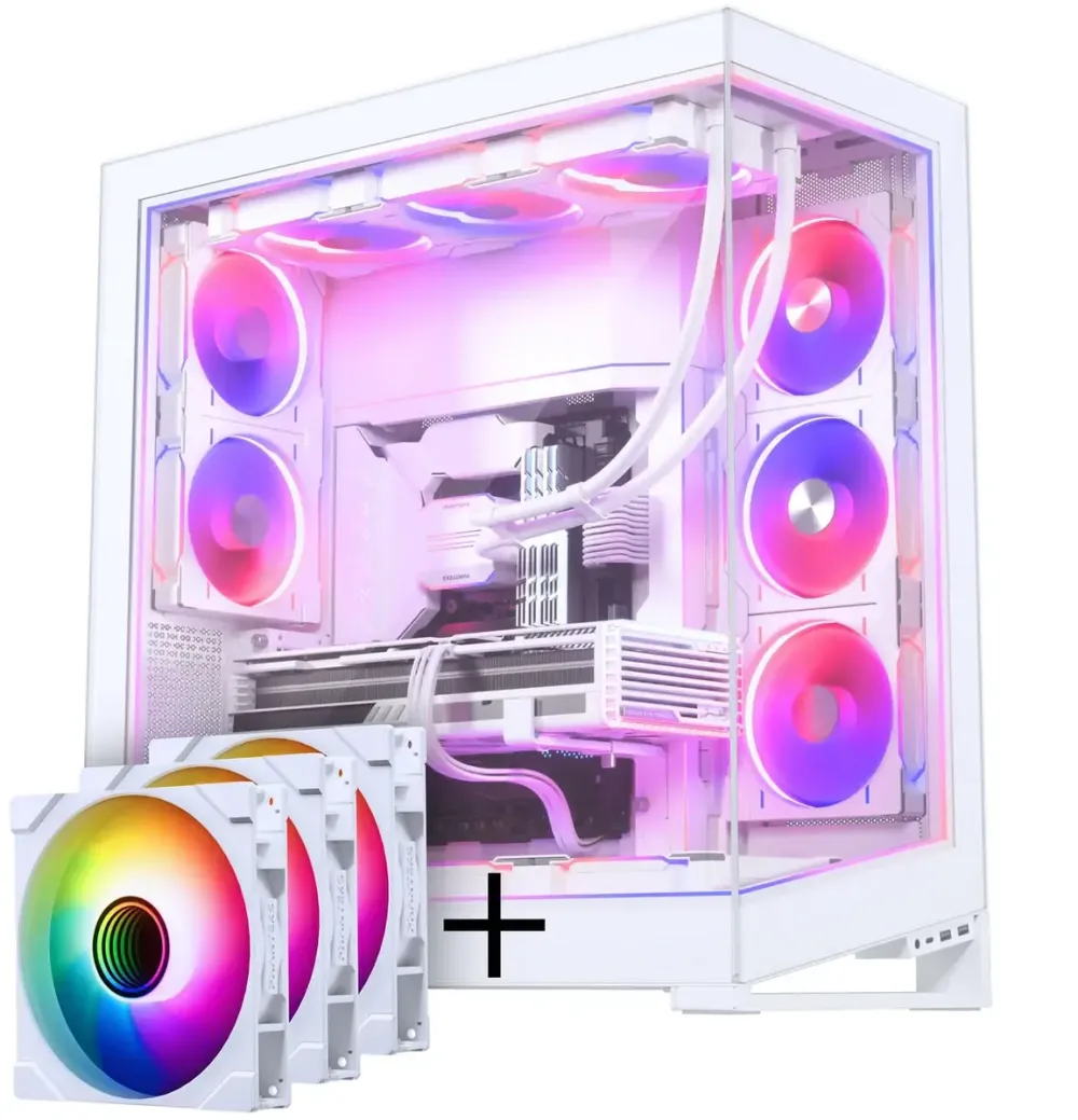 Carcasa PC Phanteks NV Series NV9 E-ATX, sticla securizata, ARGB - alb mat si ventilator M25 Gen2 PWM D-RGB, pachet de 3 - lama inversata, 140 mm, alb + kit DRGB