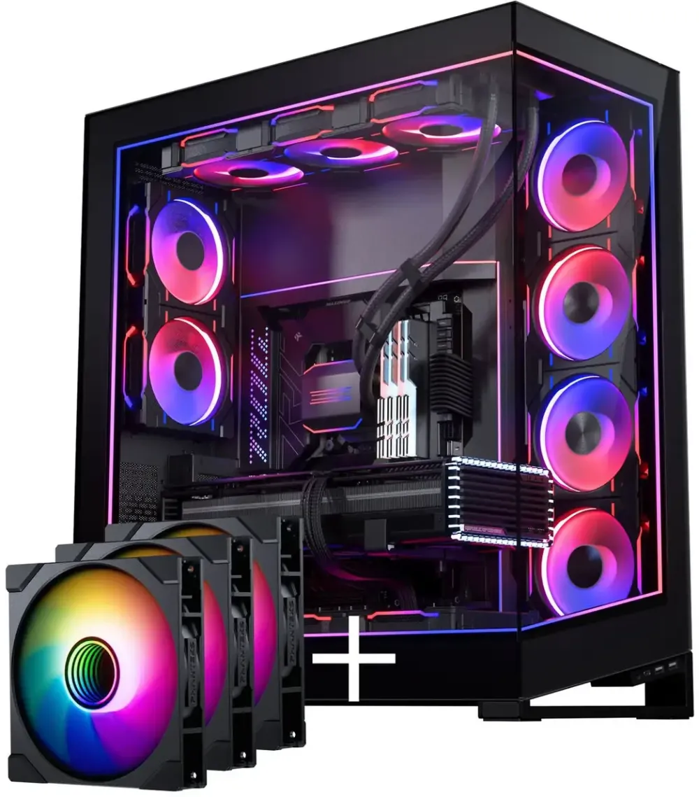 Carcasa PC Phanteks NV Series NV7 E-ATX, sticla securizata, ARGB - negru + ventilator M25 Gen2 PWM D-RGB, pachet de 3 - palete inversate, 140 mm + kit DRGB