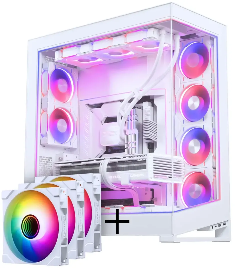 Carcasa PC Phanteks NV Series NV7 E-ATX, sticla securizata, ARGB - Alb + Ventilator M25 Gen2 PWM D-RGB, pachet de 3 - Lame inversate, 140 mm + Kit DRGB