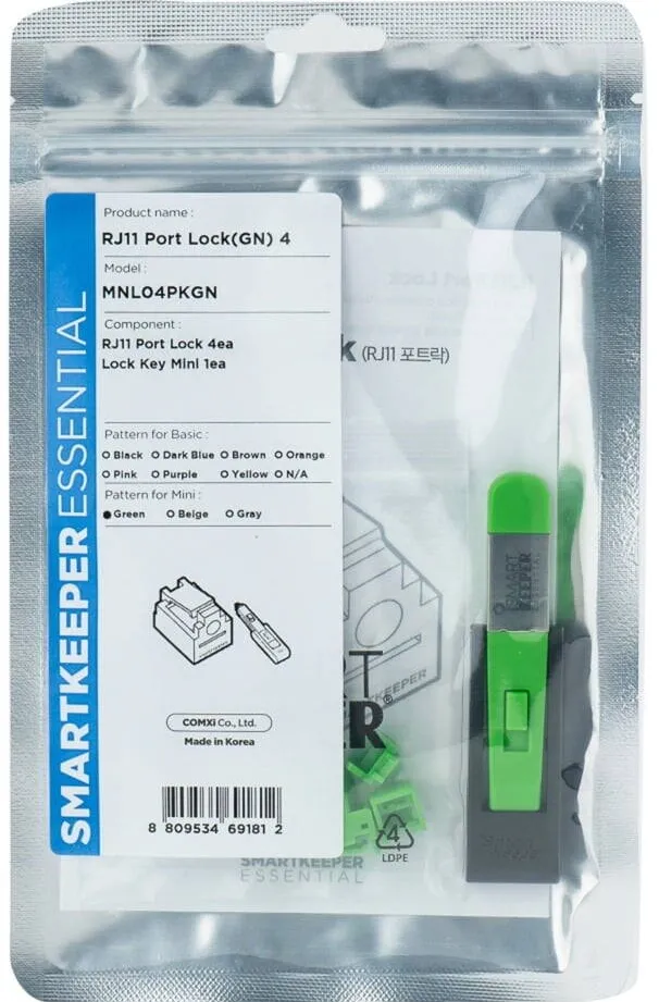 Hub USB SmartKeeper MNL04PKGN 4 x RJ11 Port Blockers with 1 x Lock Key Mini Green SLSART-0150 SLSART0150 (SLSART-0150)