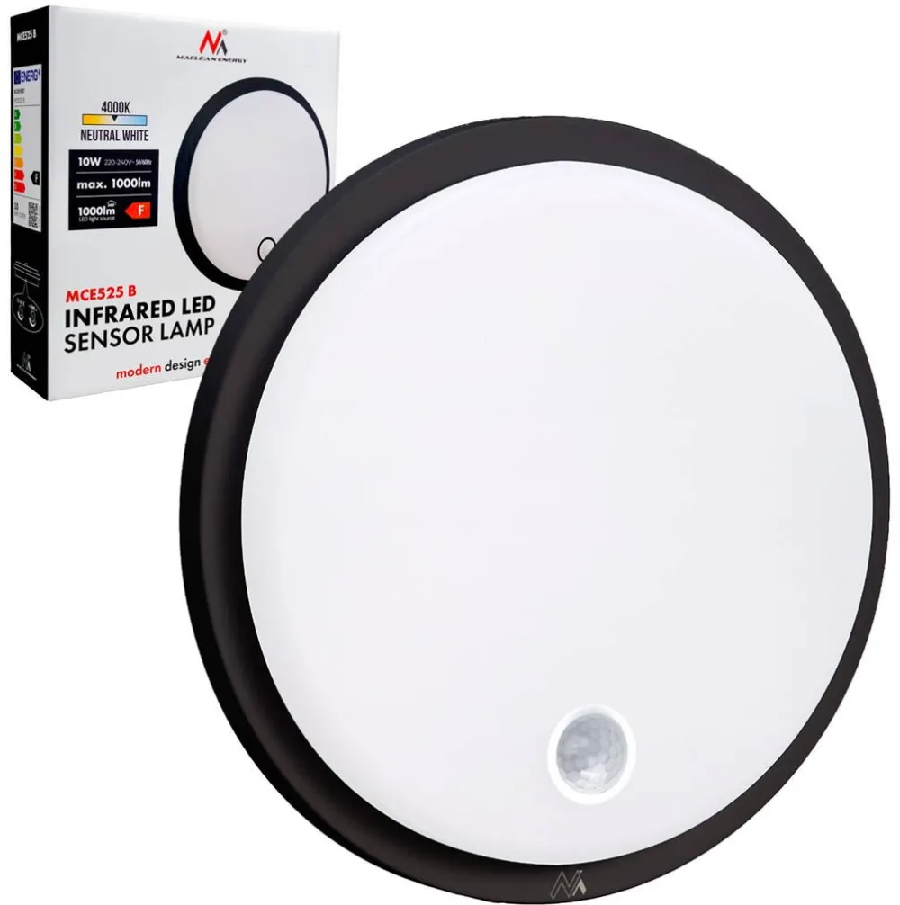 MACLEAN LED lamp with motion sensor, PIR sensor, black, 10W, IP65, 1000lm, neutral color, MCE525 B