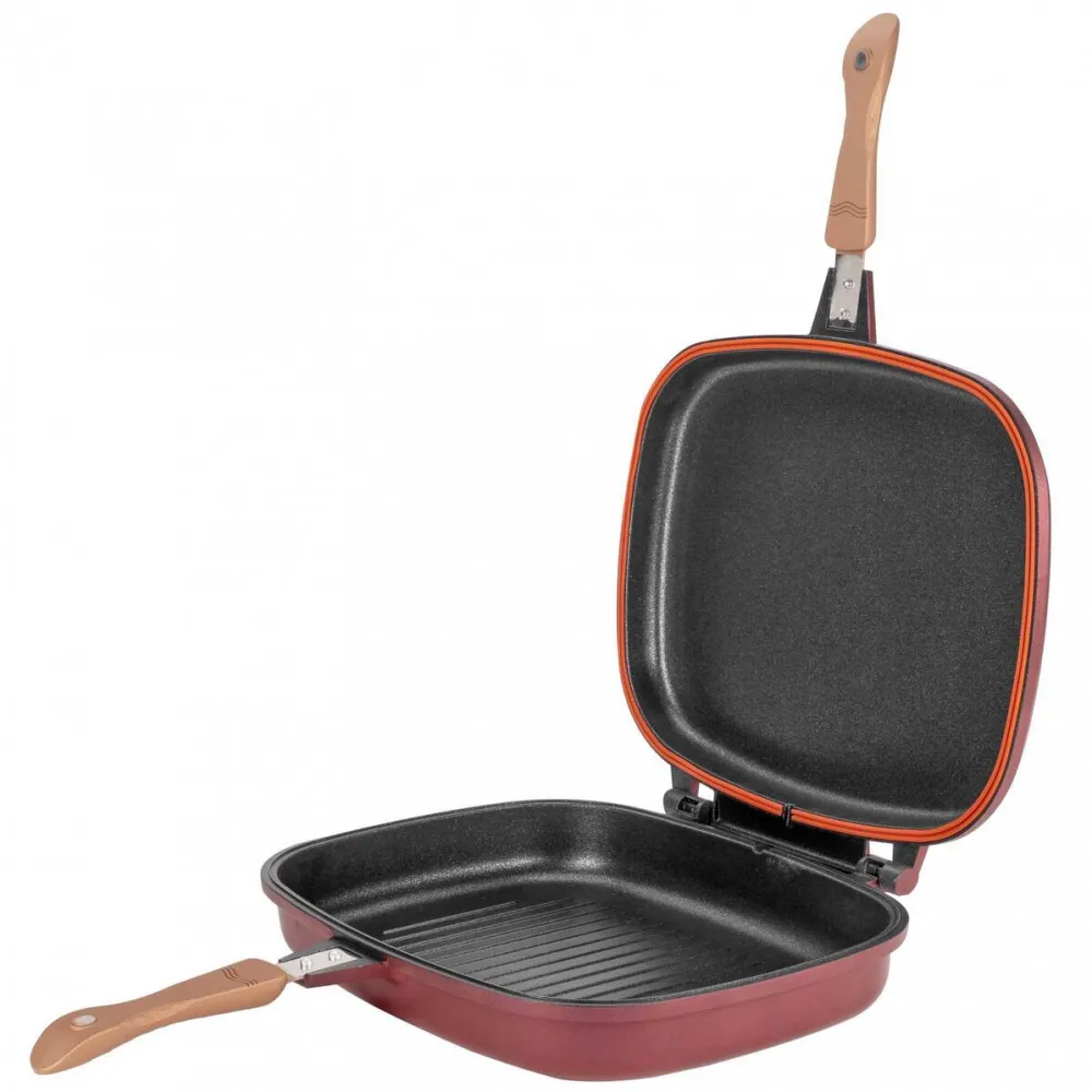 NeoKlein Tigaie dubla grill DGR36, 36 cm, dreptunghiulara, titan antiaderent, Rosu Cherry