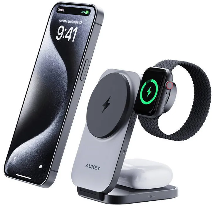 Aukey Magnetic Wireless 3 in 1 MagFusion LC-MC312, 15W Qi2 (gray)