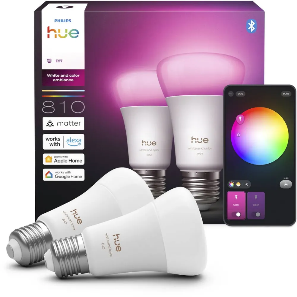Philips Hue Set 2 becuri smart RGB Philips Hue WCA 810, A60, E27, 810 lm, 60 W, lumina alba si colorata (1000-20.000K), control vocal, clasa energetica D