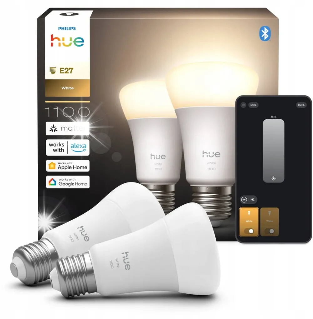 Philips Hue Becuri inteligente Philips Hue A60 E27, 1100 lm, alb, set 2 bucati