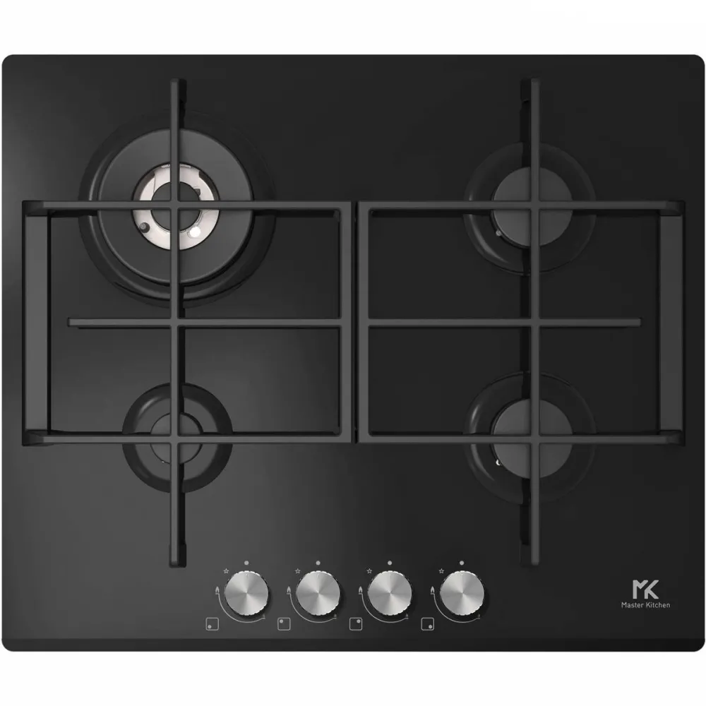 Plita Master Kitchen incorporabila MKHG 6031ED-TCBK, Gaz, 4 arzatoare, Gratare fonta, Arzator wok, Aprindere electrica integrata, Siguranta arzatoare, 60 cm, Sticla neagra