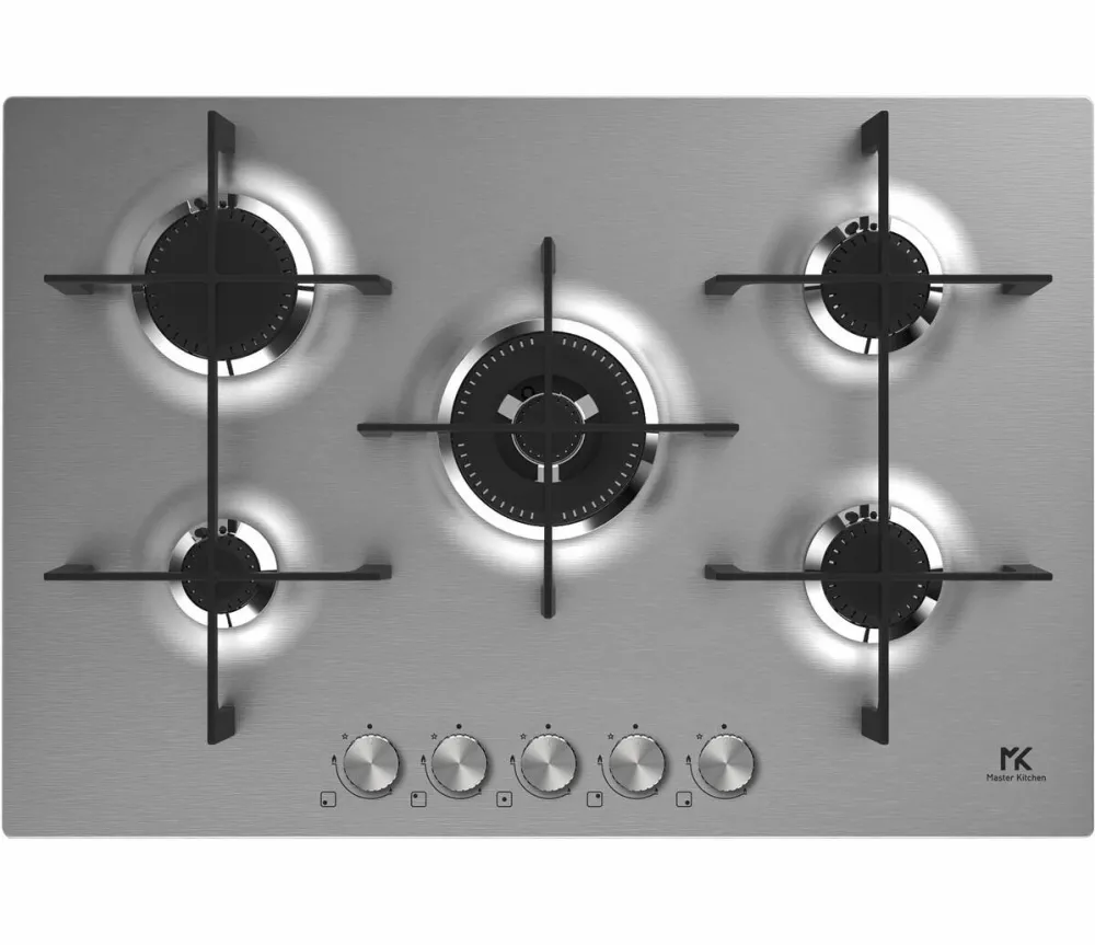 Plita Master Kitchen incorporabila MKHG 7541EDS-FTCXS, Gaz, 5 arzatoare, Gratare fonta, Arzator coroana tripla, Aprindere electica integrata, Sistem siguranta, 75 cm, Inox