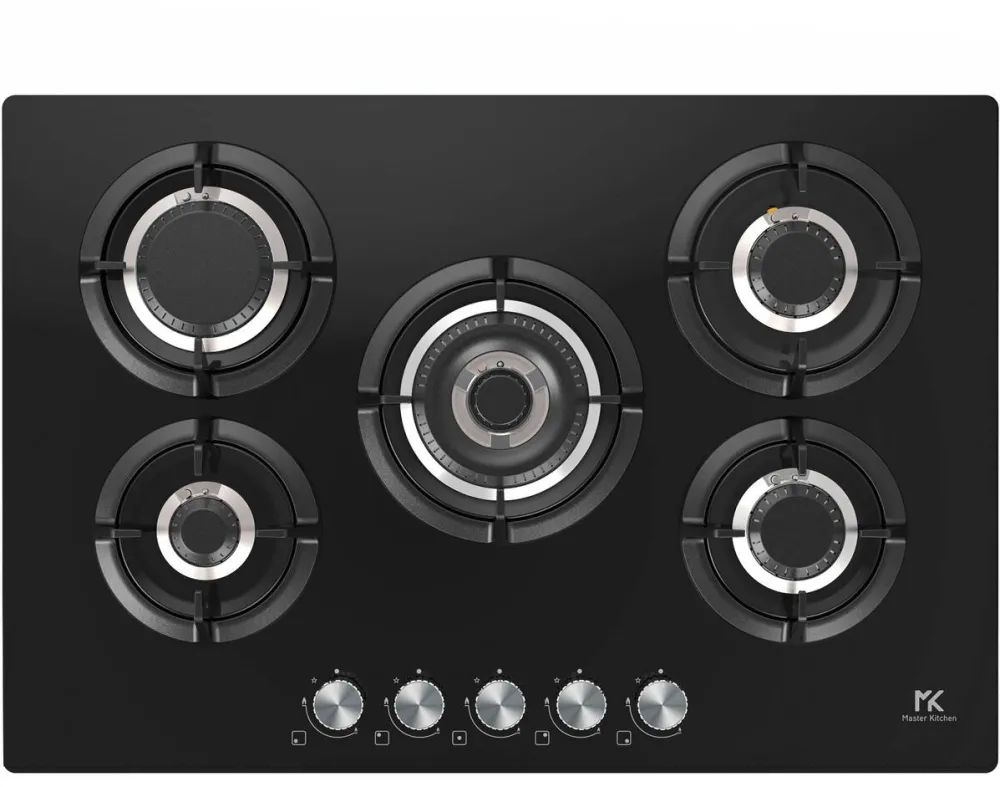 Plita Master Kitchen incorporabila MKHG 7541EDS-FTCBK, Gaz, 5 arzatoare, Gratare fonta, Arzator coroana tripla, Aprindere electica integrata, Sistem siguranta, 75 cm, Sticla neagra