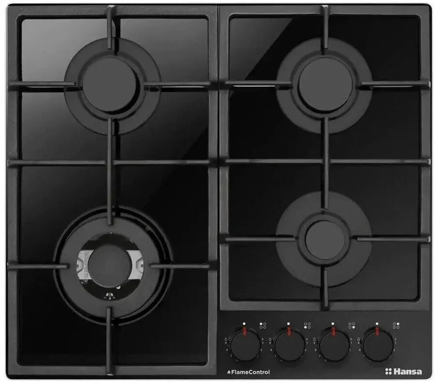 Plita HANSA pe gaz BHKS6718511, gaz pe sticla, 60 cm, comenzi frontale, gratare de fonta, arzator WOK, flame control, 9 trepte de putere, negru