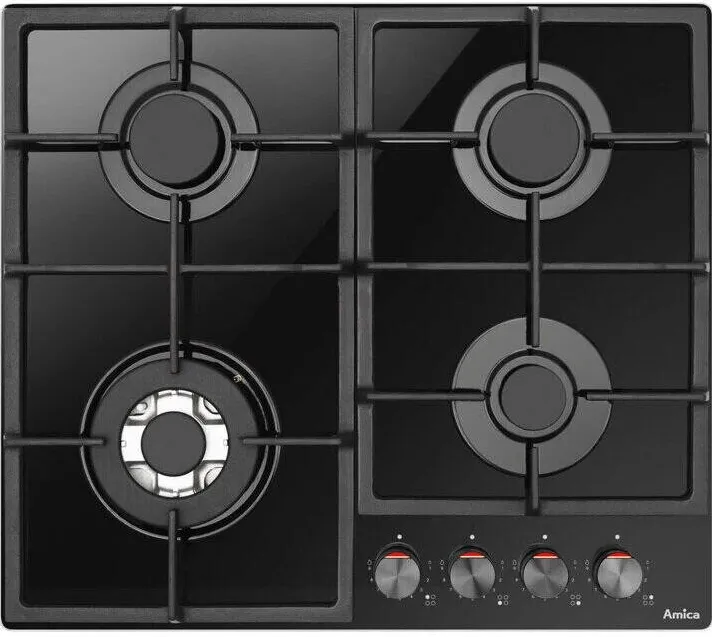 Plita HANSA pe gaz Amica PGCD6101APFB, gaz pe sticla, 60 cm, comenzi frontale, gratare de fonta, arzator WOK, flame control, 9 trepte de putere, Negru