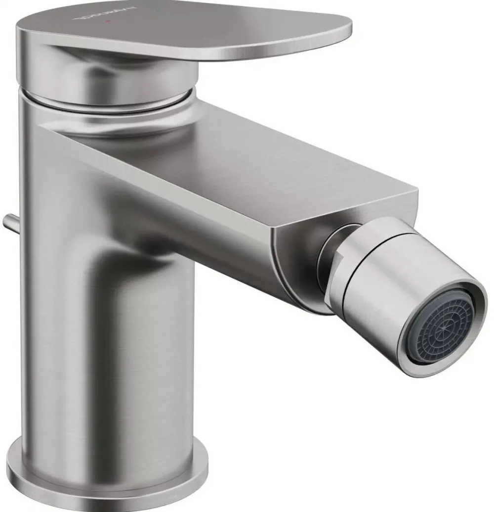 Duravit Baterie bideu Wave WA2400001070, marime S, cartus ceramic, 137 mm, set evacuare cu tija, ventil, Otel satinat