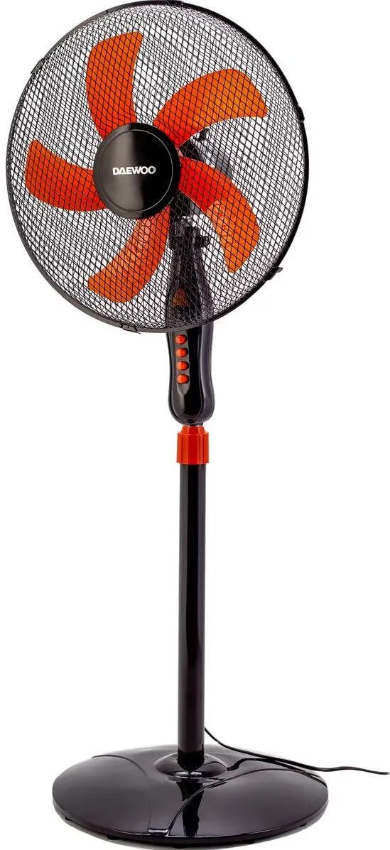 DAEWOO Ventilator cu picior DDV166, 50 W, 40 cm, 3 trepte de putere, inaltime reglabila pana la 125 cm, gril frontal de protectie, oscilare la 90 grade, baza stabila, Negru/Orange