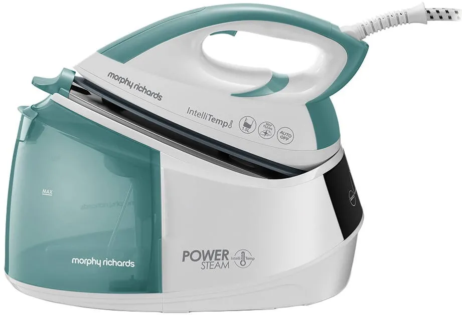 Morphy Richards Statie de calcat Power steam Intellitemp 333300, 2600W, 5 bar, 1.5l functie Intellitemp, Talpa Ceramica, 110g/min, 190g debit de abur continuu, Alb/Verde