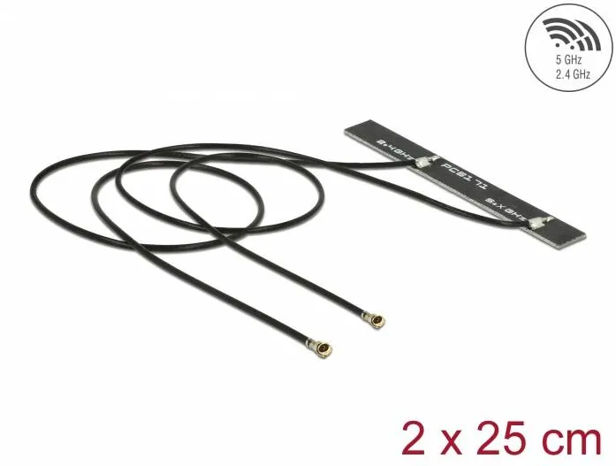 DELOCK cu banda dubla WLAN WiFi 6 MHF® 4L tata, 5 dBi, 2 x 25 cm, PCB, auto-adeziv intern