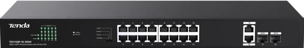 Switch Tenda unmanaged, 16 porturi POE RJ-45 gigabit, 2 porturi uplink gigabit RJ-45 si 2 porturi SFP IEEE 802.3af/at, max PoE 250W, metalic