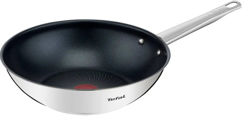 TEFAL Tigaie wok Cook Eat, inductie, invelis antiaderent Titanium, indicator Thermo-Signal, maner nituit, inox premium, 28 cm, argintiu/negru